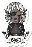 sticker of a crying elf rogue character with natural one D20 roll vector