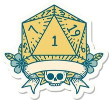 sticker of a natural one d20 dice roll vector