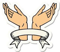 tattoo style sticker with banner of open hands vector