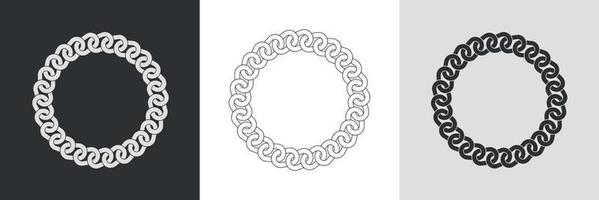 Chain round frames. Set of circle border chains silhouette, line art and inversion. Seamless wreath circle shape. Jewelry design, text frame. Vector illustration