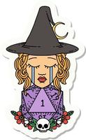 sticker of a crying human witch with natural one D20 dice roll vector