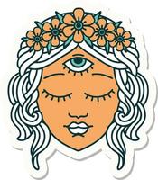 sticker of tattoo in traditional style of female face with third eye and crown of flowers vector