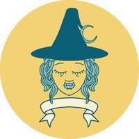 Retro Tattoo Style half orc witch character face with banner vector