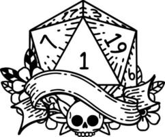 Black and White Tattoo linework Style natural one d20 dice roll vector