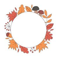 fondo redondo de otoño con arce, hojas de roble, champiñones y bayas. círculo de ilustración vectorial de hojas de otoño, plantilla de banner vector