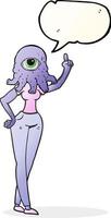 freehand drawn speech bubble cartoon female alien with raised hand vector