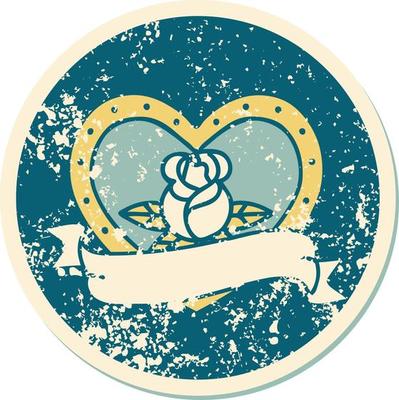 iconic distressed sticker tattoo style image of a heart rose and banner