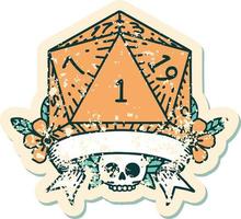 Retro Tattoo Style natural one d20 dice roll vector