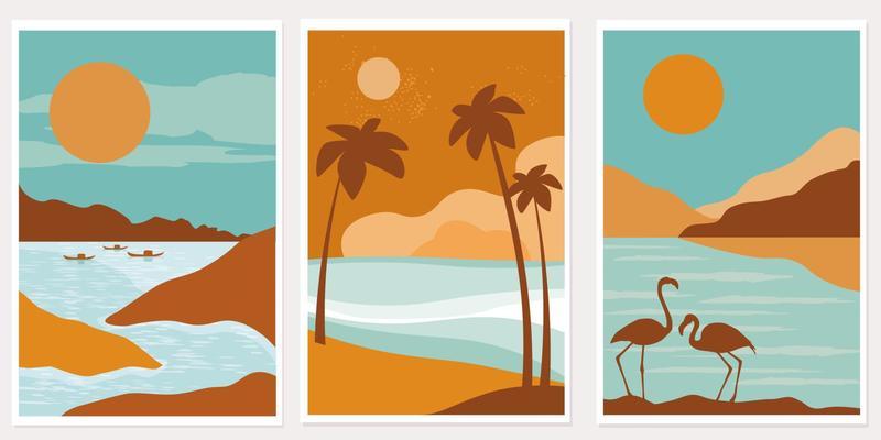 A set of posters with natural landscapes for recreation and travel. Flamingos on the background of the sea, mountains, silhouettes of palm trees, the sun is shining. Vector graphics.