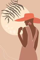 African woman in profile. Abstract contemporary poster with a girl in a hat on a background of sun and tropical leaves. Vector graphics.