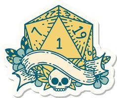 sticker of a natural one d20 dice roll vector