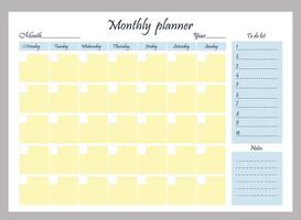 Monthly planner organizer. Plan, to-do list and notes. Vector illustration. Horizontal template