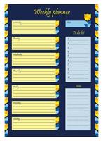 Weekly planner organizer. My plan, to-do list and notes. Vector illustration. Vertical template in yellow-blue color with floral geometric pattern