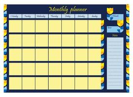 Monthly planner organizer. Plan, to-do list and notes. Vector illustration. Horizontal template in yellow-blue color with floral geometric pattern