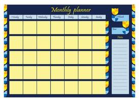 Monthly planner organizer. Plan, to-do list and notes. Vector illustration. Horizontal template in yellow-blue color with floral geometric pattern