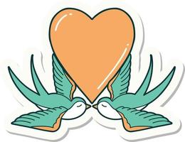 sticker of tattoo in traditional style of swallows and a heart vector