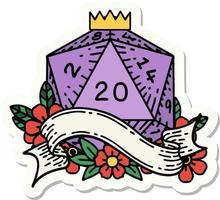 sticker of a natural twenty D20 dice roll vector