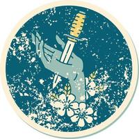 iconic distressed sticker tattoo style image of a dagger in the hand vector