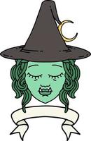 Retro Tattoo Style half orc witch character face with banner vector