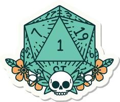 sticker of a natural one dice roll with floral elements vector