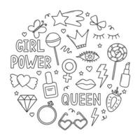 Hand drawn set of Girl power doodle. Feminist elements and girls party in sketch style. Vector illustration isolated on white background