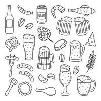 Hand drawn set of beer and snacks doodle. Brewery in sketch style. Vector illustration isolated on white background