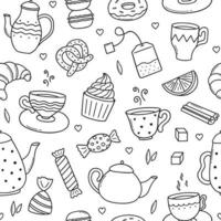 Hand drawn seamless pattern of Tea time doodle. Teapots, cups, lemon and sweets in sketch style. Vector illustration
