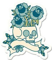 pegatina estilo tatuaje con pancarta de calavera y rosas vector