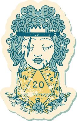 grunge sticker of a human barbarian with natural twenty dice roll