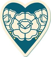 sticker of tattoo in traditional style of a heart and flowers vector