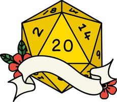 Retro Tattoo Style natural twenty D20 dice roll vector