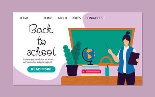 Landing Page Back To School With Female Teacher In Front Of Board Vector Illustration In Flat Style