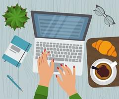 Top View Of Desk. Woman Working With Laptop, Coffee And Croissant Vector Illustration In Flat Style