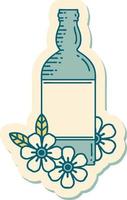 sticker of tattoo in traditional style of a rum bottle and flowers vector