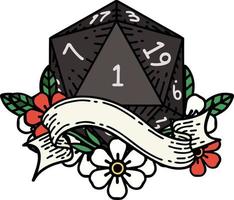 Retro Tattoo Style natural one d20 dice roll vector