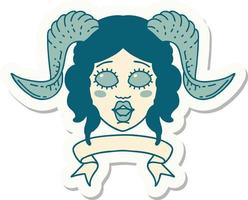 sticker of a tiefling character face with scroll banner vector