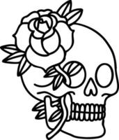 tatuaje en estilo de línea negra de una calavera y rosa vector