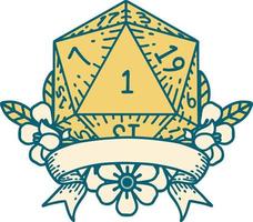 Retro Tattoo Style natural one d20 dice roll vector