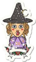 grunge sticker of a human witch with natural twenty dice roll vector