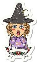 grunge sticker of a human witch with natural twenty dice roll vector