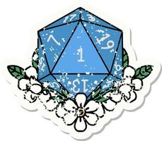 grunge sticker of a natural one dice roll with floral elements vector