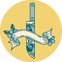 tattoo style icon with banner of a dagger and flowers vector