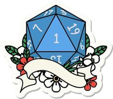 sticker of a natural one d20 dice roll vector