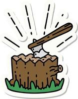 sticker of a tattoo style axe in tree stump vector