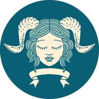 Retro Tattoo Style tiefling character face with scroll banner vector