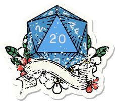 grunge sticker of a natural twenty D20 dice roll vector