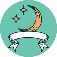 icono de estilo tatuaje con pancarta de luna y estrellas vector