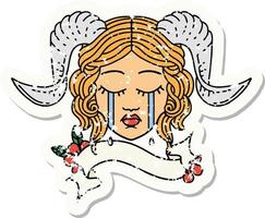 grunge sticker of a crying tiefling character face with scroll banner vector