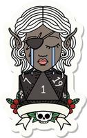 sticker of a crying elf rogue character with natural one D20 roll vector