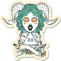 Retro Tattoo Style tiefling with natural twenty dice roll vector